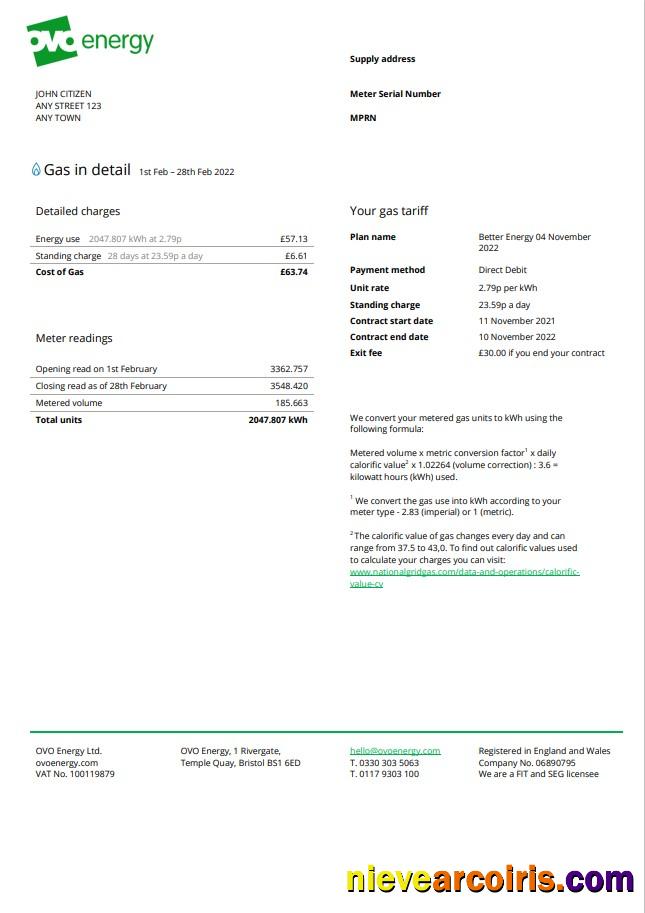 United Kingdom Ovo Energy utility bill